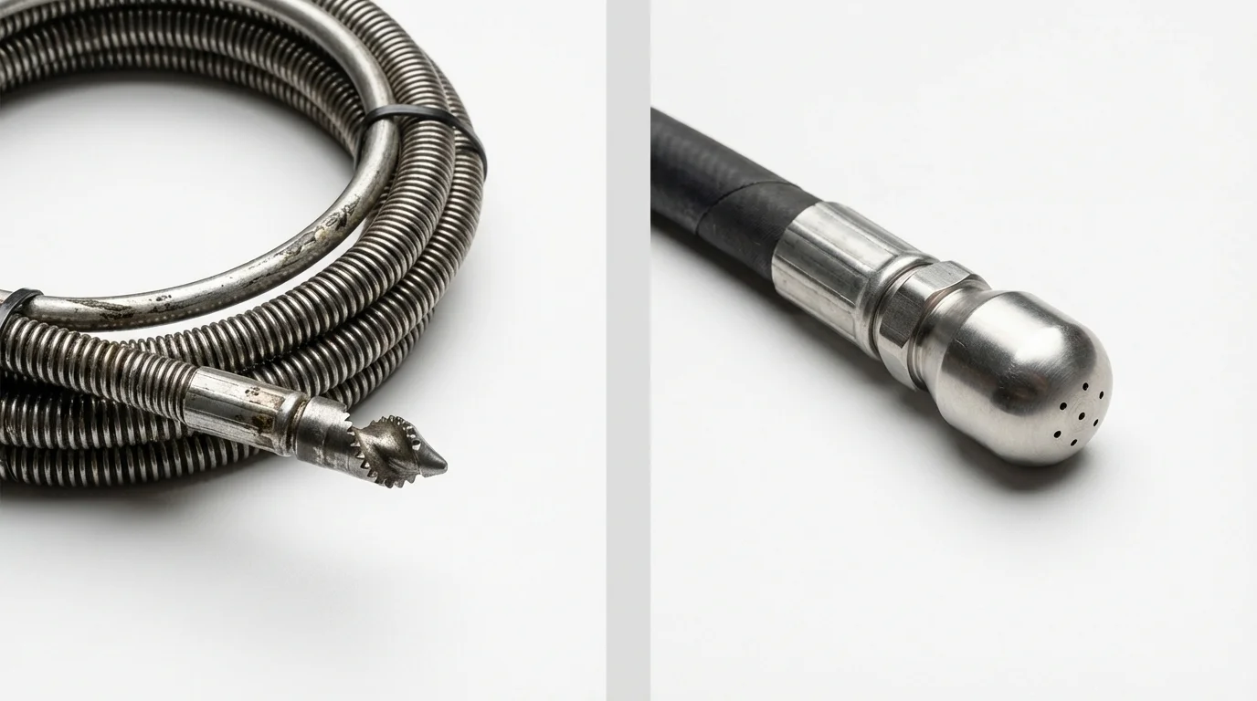 Drain snake cable and hydro jetting nozzle used for drain cleaning in Orange, MA