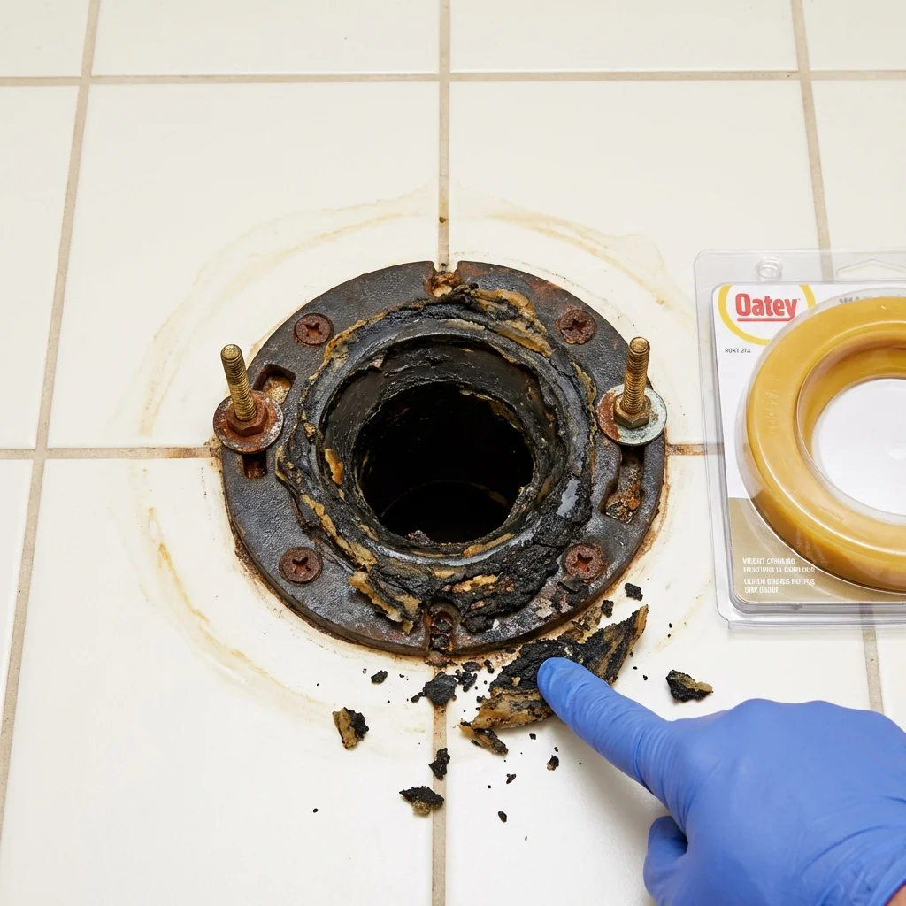 Failed wax ring showing water seepage at the base of a toilet in a Orange, MA home